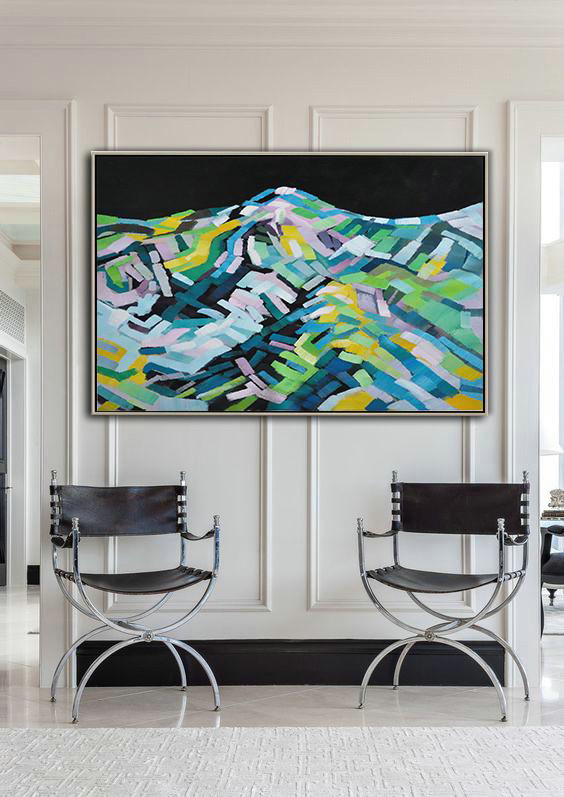 Large Abstract Art,Oversized Horizontal Contemporary Art,Abstract Art Decor,Contemporary Painting,Black,Pink,Blue,Green,Yellow.etc